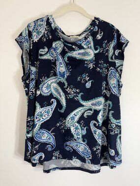 Ava James Blouse Women 2X Blue Paisley Lightweight Cap Sleeve Pullover Easy Cool